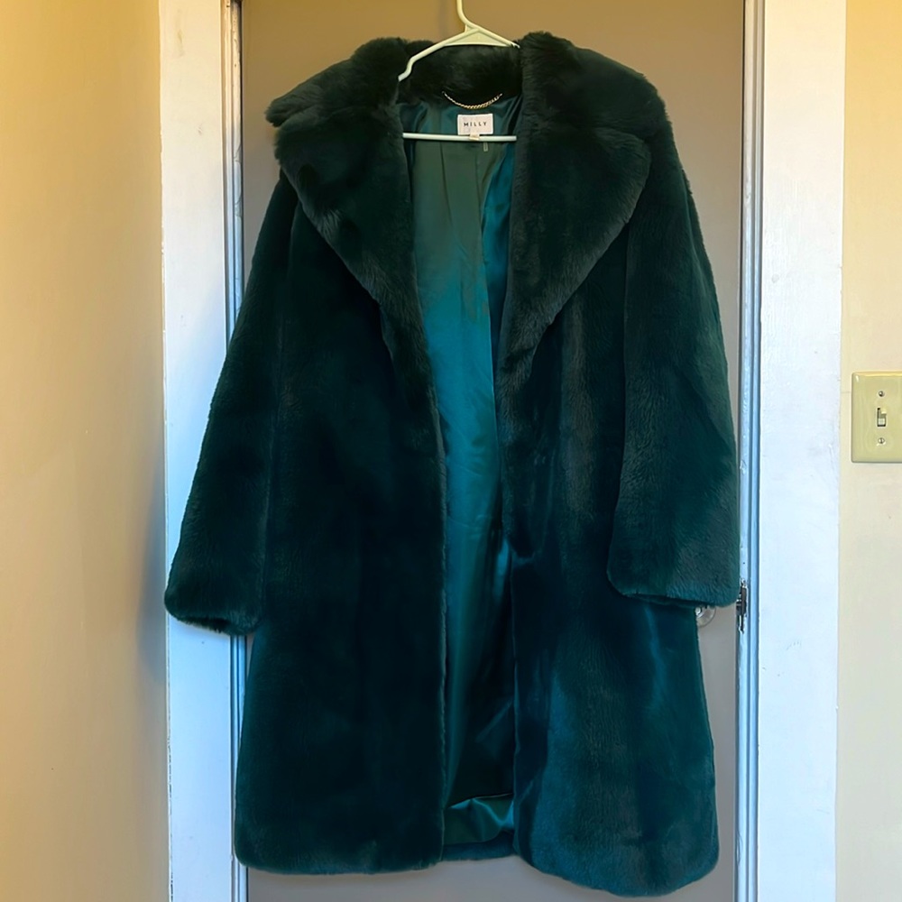 Milly dark green faux fur coat (M)